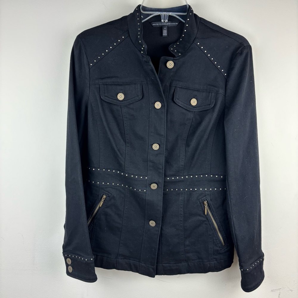 White House Black Market black stretch denim studded military jacket size 4